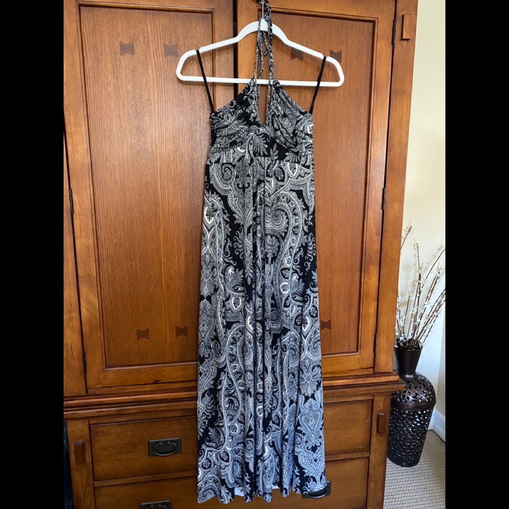 Long black/white paisley halter dress (no straps)